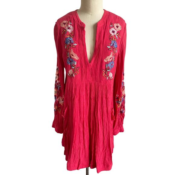 Free People Boho Embroidered Floral Mini Dress Pink Rayon Crinkle Tunic Size S - Picture 2 of 9
